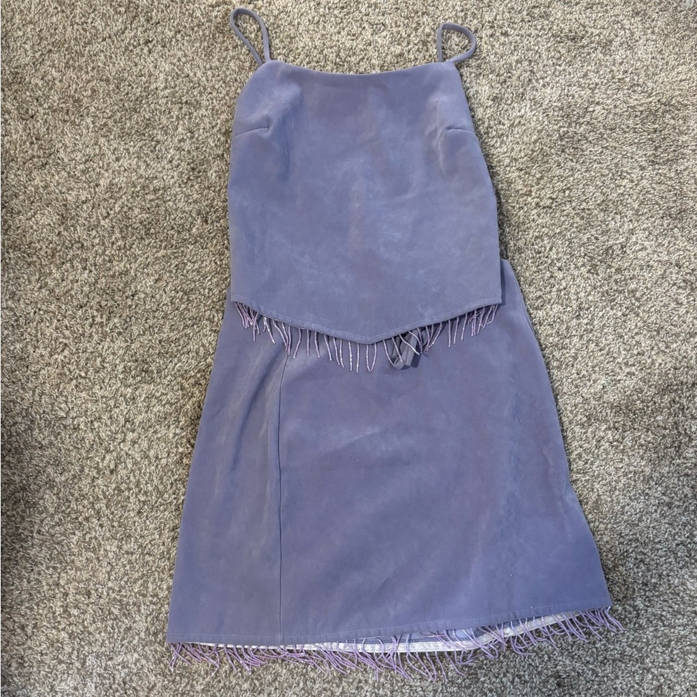 90s Lavender Beaded Fringe Suede Two-Piece Set (skirt and top)